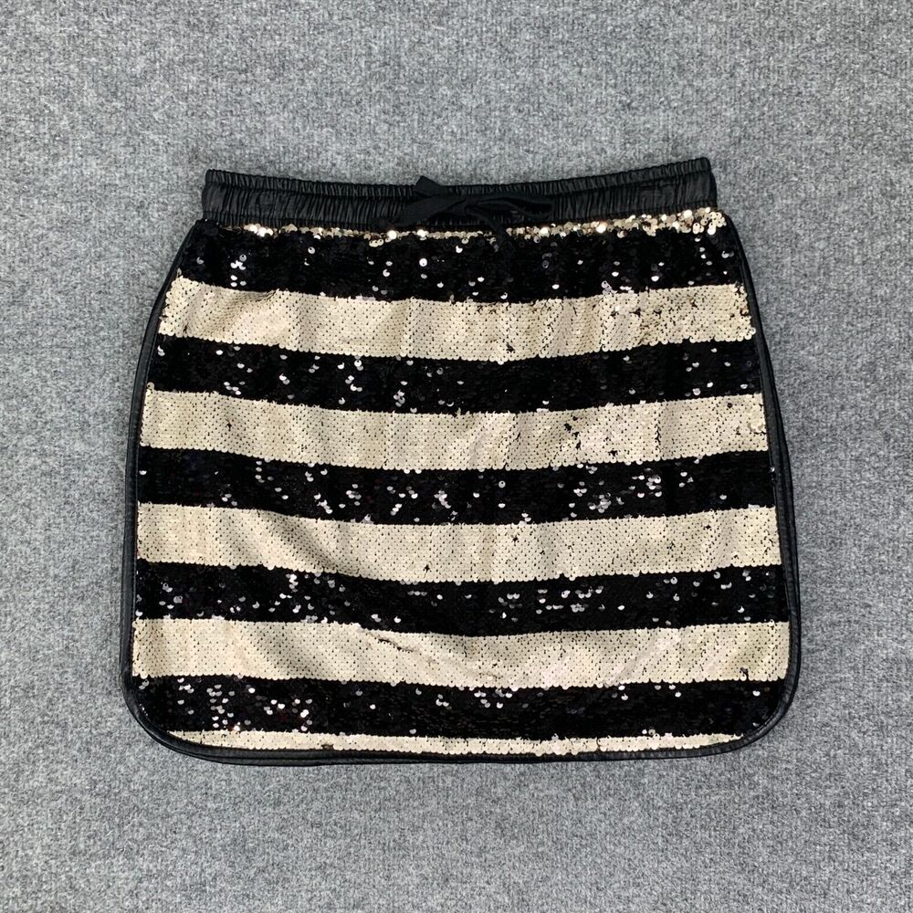 Gianni Bini Skirt Womens L Large Black Gold Jamie Striped Sequined Lined Mini - Picture 2 of 16